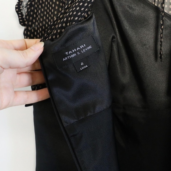 Tahari ASL Arthur Levine black cocktail sheath dress mixed fabric polka dot silk - Picture 5 of 7